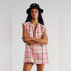 Free People Market Towel Poncho Romper in Plaid Pink Chocolate Combo Sz L